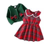 Toddler Baby Girls Christmas Outfit Long Sleeve Lapel Neck Bowknot Cardigan Solid Color Coat and Plaid Strap Dress Princess Dresses Xmas Clothes Set Fall Winter Outfits