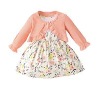 Toddler Baby Girls Dress Cardigan Set A-line Floral Print Casual Party Dress 2Pcs Outfits Set Newborn Infant Sleeveless Cotton Plush Coat Vest Skirt Princess Costumes for Girls