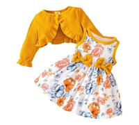Toddler Baby Girls Dress Cardigan Set A-line Floral Print Casual Party Dress 2Pcs Outfits Set Newborn Infant Sleeveless Cotton Plush Coat Vest Skirt Princess Costumes for Girls