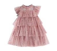 Toddler Baby Girls Fly Sleeve Dress Star Moon Sequins Princess Dresses RufflesTulle Dress Summer Dance Clothes (Pink, 6-7 Years)