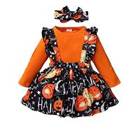 Toddler Baby Girls Halloween Clothing Set Solid Color Long Sleeve Romper+ Pumpkin Print Suspender Skirt+ Headband Set 3pcs (Orange, 6-9 Months)