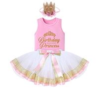 Toddler Baby Girls One Year Old Birthday Princess Party Dress Vest Tops+Tulle Tutu Skirt+Flower Crown Cake Smash Outfit for Baby Shower Photography Summer Clothes Pink+White 12-18 Months