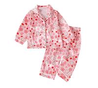 Toddler Baby Girls Pajamas Set Heart Print js Short Sleeve Sleepwear Button-Down Shirt and Pant Set (Hot Pink, 3-4 Years)