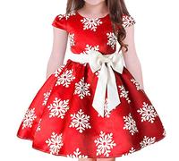 Toddler Baby Girls Snowflake Print Christmas Princess Dress Flower Girls Bow Knot Xmas Eve Holiday Wedding Tutu Short Striped Dance Gown Formal Pageant Birthday Party Dresses Red 3-4 Years