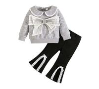 Toddler Baby Girls Spring Clothes Set Long Sleeve Top with Big Bow and Flared Pants Two Piece Outfit Crew Neck Jumper Loose Sweatpant Tracksuit Children's Winter Sport Running Walking Track Suit Grey