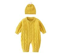 Toddler Baby Knit Jumpsuit Romper Long Sleeve Crewneck Sweater Bodysuit Casual Soft Fall Winter Outfit with Hat Clothes (Yellow, 6-9 Months)