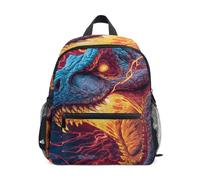Toddler Backpack for Boys Girls Blue T Rex with Red Lightning and Fire | Kids Backpack Preschool Kindergarten Backpack with Safety Whistle Chest Strap Small Lightweight Children Daypack for Travel
