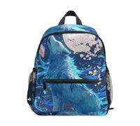 Toddler Backpack for Boys Girls Blue Wolf Glowing Moon | Kids Backpack Preschool Kindergarten Backpack with Safety Whistle Chest Strap Small Lightweight Children Daypack for Travel