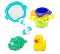 Toddler Bath Fishing Toy Set with Catch Net, Floating Rubber Ducks and Stackable Sea Animals, Interactive Floating Toys for Kids 18+ Months