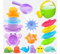 Toddler Bath Toys Age 1-4 - 16PCS Mould-Free Water Toys Set with Watering Can, Boats, Squeeze Toys & Stacking Cups - Fun Pool Toys for Kids Boys Girls