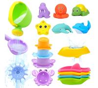 Toddler Bath Toys Age 1-4, 16PCS Water Toys Set with Watering Can, Boats, Squeeze Toys & Stacking Cups - Fun Pool Toys for Kids Boys Girls