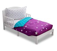 Toddler Bedding Set | Girls 4 Piece Collection | Fitted Sheet, Flat Top Sheet w/ Elastic bottom, Fitted Comforter w/ Elastic bottom, Pillowcase | Delta Children | Girls Starry Night | Purple Stars