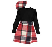 Toddler Big Kids Girls Long Sleeve Ribbed Solid Tops Blouse Plaid Skirt with Hat Outfit Set 3PCS Christmas Girl Outfit Outfits Family (Red, 10-12 Years)