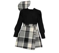 Toddler Big Kids Girls Long Sleeve Ribbed Solid Tops Blouse Plaid Skirt with Hat Outfit Set 3PCS Christmas Girl Outfit Set Girls 16 18 (Black, 10-12 Years)