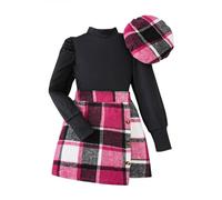 Toddler Big Kids Girls Skirt Sets Long Sleeve Ribbed Solid Tops Blouse Plaid Skirt with Hat Outfit Set 3PCS Christmas Girl Outfit Flower Girl Dress Hot 1#Hot Pink 7-8 Years