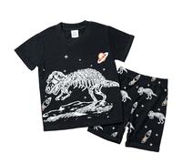 Toddler Boy Cotton Summer Short Sleeve T-Shirt and Short Set Vehicle Dino Space Print Raglan Soft Cotton 2 Piece Outfit for Daily Wear Playground Nursery 2-8 Years White