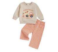 Toddler Boy Halloween Outfit Long Sleeve Pumpkin Ghost Embroidery Jumper Sweatshirt With +Plaid Elastic Waist Trousers 2 Pieces Halloween Tracksuits Baby Boy Pumpkin Outfit (Beige, 12-18 Months)