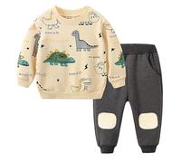 Toddler Boy Outfits Kids Baby Boys Dinosaur Printed Tops Joggers Pants Tracksuit Cartoon Coloring Clothing Sets Casual Sweatsuit for Fall Winter (Beige, 4-5 Years)