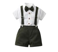 Toddler Boy Summer Formal Outfits Kids 4 Piece Wedding Gentleman Suit Short Sleeve Shirt with Bowtie Suspender Shorts Suit Boys Clothing Dinner Prom Outfits (Army Green-A, 6-7 Years)