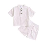 Toddler Boy Summer Texture Cotton 2 Piece Set Button Polo Shirt with Elastic Waist Shorts, Casual Solid Suit for Kids 6M-3Y, Linen Blend White