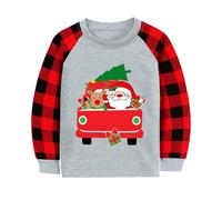 Toddler Boy Xmas Shirt Christmas Santa Reindeer Gift Trunk T-Shirt Plaid Long Raglan Sleeve Round Neck Kids Tee Tops 4-5 Years