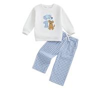 Toddler Boys 1st/2nd/3rd Birthday Outfits Long Sleeve Number Dog Embroidery Sweatshirts Pullover Tops and Elastic Waist Plaid Pants 2Pcs Baby Boy First Birthday Outfit (White One, 12-24 Months)