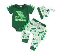 Toddler Boys 1st Birthday Outfits Long Sleeve Dinosaur Letter Print Bodysuit Jumpsuit Romper Tops and Elastic Waist Pants and Hat Sets 3Pcs Baby Boy First Birthday Outfit (Green, 6-12 Months)