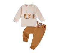 Toddler Boys 1st Birthday Outfits Long Sleeve One Year Old Letter Animal Print Sweatshirts Pullover and Solid Elastic Waist Pants 2Pcs Set Baby Boy First Birthday Clothes (Brown, 12-18 Months)
