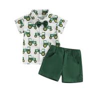 Toddler Boys 2 Piece Outfits, Short Sleeve Buttton Down Truck Carto n Shirt + Zipper Solid Color Shorts Summer Beach Holiday Kids Boy Comfy Oganic Set (Green, 12-18 Months)