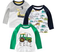 Toddler Boys 3 Pack Long Sleeve Shirts 100% Cotton Dinosaur Excavator Police Car T-Shirts (Set A, 2 Years)