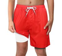 Toddler Boys Bright Red Swim Trunks with Boxer Brief Liner Anti Chafe No Mesh Swimming Shorts Compression Lined 4-Way Stretchy UPF Quick Dry Swimsuit Red Size 5T 5-6