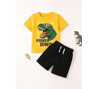 Toddler Boys Cotton Outfit, Cool T-Rex POWER DINO Print Short Sleeve T-Shirt with Elastic Waist Shorts Set for 2-7Y