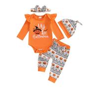 Toddler Boys Girls 1st Halloween Outfits Long Sleeve Letters Print Romper Bodysuit and Pumpkin Print Pants and Hat and Headband 4Pcs Set Baby Boy First Halloween Clothes (Orange, 6-9 Months)