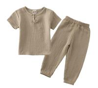 Toddler Boys Girls Cotton Linen Sets Solid Color Button-Up T Shirt Top and Wide Leg Baggy Trousers Two Piece Set Crewneck Tshirt + Straight Leg Joggers Outfits 2026 Summer Beach (Khaki, 18-24 Months)