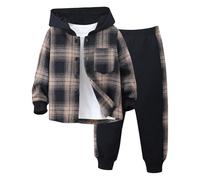 Toddler Boys Girls Long Sleeve Patchwork Plaid Prints T Shirt Hooded Tops Pants Outfits(Coffee,3-4 Years)