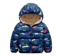 Toddler Boys Girls Puffer Down Jacket Fleece Water-Resistant Dinosaur Prints Zip Hooded Outerwear Kids Parka Coat Kids Padded Warm Thick Puffer Jacket Winter Outfit (Navy, 2-3 Years)