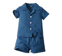Toddler Boys Girls Short Sleeve Casual Gentleman Tops Hawaii Beach Holiday Solid Shirts T Shirt Shorts Outfits Blue