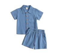 Toddler Boys Girls Short Sleeve Summer Casual Gentleman Tops Hawaii Beach Holiday Solid Shirts T Shirt Shorts Outfits Blue