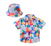 Toddler Boys Hawaiian Shirts with Sun Hat Matching Set Kids Short Sleeve Button Down Shirt Funny Print Single Breasted Cardigan Lapel Beach Top Holiday (I-2, 18-24 Months)