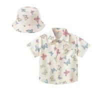 Toddler Boys Hawaiian Shirts with Sun Hat Matching Set Kids Short Sleeve Button Down Shirt Funny Print Single Breasted Cardigan Lapel Beach Top Holiday (E-1, 6-12 Months)
