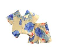 Toddler Boys Lapel Short Sleeve Tropical Botanical Print Set Shirt and Shorts Suit for Boys Outfits Neutral Toddler Clothes (Yellow, 100)