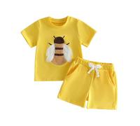 Toddler Boys Outfits Flower/Bee Embroidered Short Sleeve T-shirt Tops Shirts and Solid Color Elastic Waist Shorts with Pockets 2Pcs Spring Summer Set Baby Boy Tracksuit (Yellow, 6-12 Months)