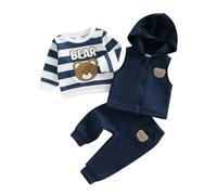 Toddler Boys Outfits Long Sleeve Bear Embroidery Sweatshirt Pullover Tops and Elastic Waist Pants and Fleece Zip-up Hooded Vest Coat Jacket 3Pcs Set Baby Boy Tracksuit (Multicolor, 9-12 Months)