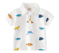 Toddler Boys Polo Shirt Cotton Short Sleeve Button Up Shirt Cartoon Dinosaur Pattern Tee Boys Top Undershirt Summer Toddler Girls Clothes (White, 3-4 Years)