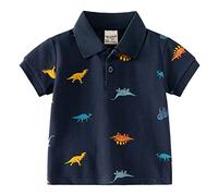 Toddler Boys Polo Shirt Cotton Short Sleeve Button Up Shirt Cartoon Dinosaur Pattern Tee Boys Top Undershirt Summer Toddler Girls Clothes (Navy, 2-3 Years)