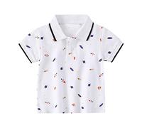 Toddler Boys Polo Shirt Cotton Short Sleeve Button up Shirt Cartoon Dinosaur Pattern Tee Top Summer Golf Tennis Undershirt Workout Athletic Clothes (White, 3-4 Years)
