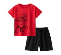Toddler Boys Quick Dry 2-Piece Sport Tracksuit Dinosaur Print Short Sleeve Crew Neck Tee Solid Black Elastic Waist Casual Shorts 2-12 Years