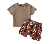 Toddler Boys Short Sleeve Cartoon Cow Dinosaur Prints T Shirt Pullover Tops Shorts Outfits Infant Dress Wear Boys Brown