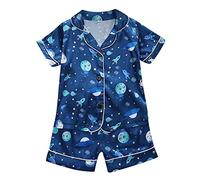Toddler Boys Space Series Print Pyjamas 2 Piece set Cute PJs for Kids Summer Satin Soft Shorts Button-Down Cartoon Outfit Top with Short Pants for Birthday (Blue, 2-3 Years)
