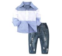 Toddler Boys Spring Casual Outfit Long Sleeve Collar Shirt Jeans Suit Solid Colour Ripped Jeans with Pockets Baby Boy Clothes 2t (Blue, 2-3 Years)